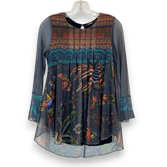 Desigual Blouse Top Tunic Floral Print Sheer Babydoll Medium - Picture 1 of 10